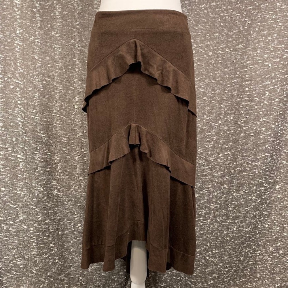 Vintage Bebe Brown Faux Suede Tiered Ruffle Midi Skirt Boho Western Womens M